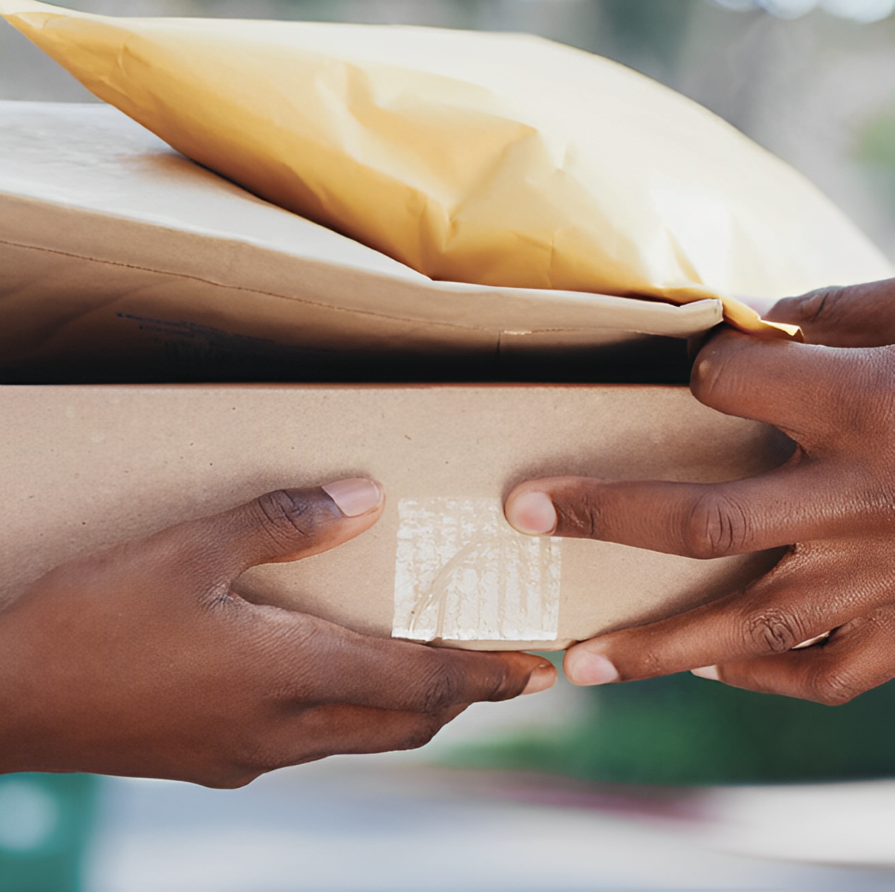 Image of packages being transferred by hand.